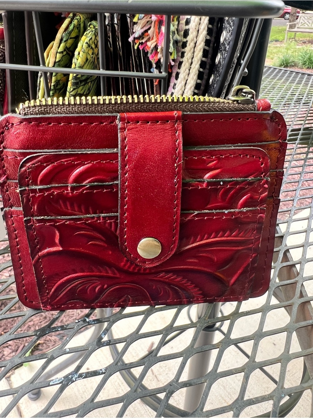 Patricia Nash Red Tooled Leather Card Case Wallet with Zip
